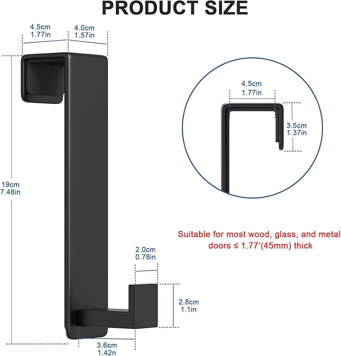 PMMASTO 2-Pack Over The Door Hooks - Rustproof Stainless Steel Door Hangers Fits for 1-3/4 Inch Thick Doors, Non-Marking and Tool-Free Easy Install (Black, L Shape)