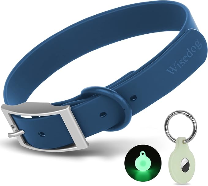 Wisedog Waterproof Dog Collar, Adjustable Soft Rubber Coated Webbing, Odor-Proof and Easy to Clean for Small Medium Large Dogs, with Airtags Case(M|12"-16" × 4/5 in, Blue)