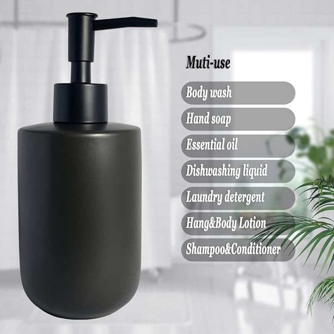 Black Soap Dispenser for Bathroom,Minimalist Modern Design Cylindrical Lotion Dispenser,12oz Ceramic Hand Dish Soap Dispenser,Refillable Liquid Dispenser for Kitchen,Matte Black Pump(Black)