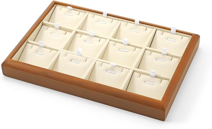 Oirlv Solid Wood 12 Grid Liner Pendant Jewelry Organizer Tray Jewelry Drawer Organizer(Creamy-White)