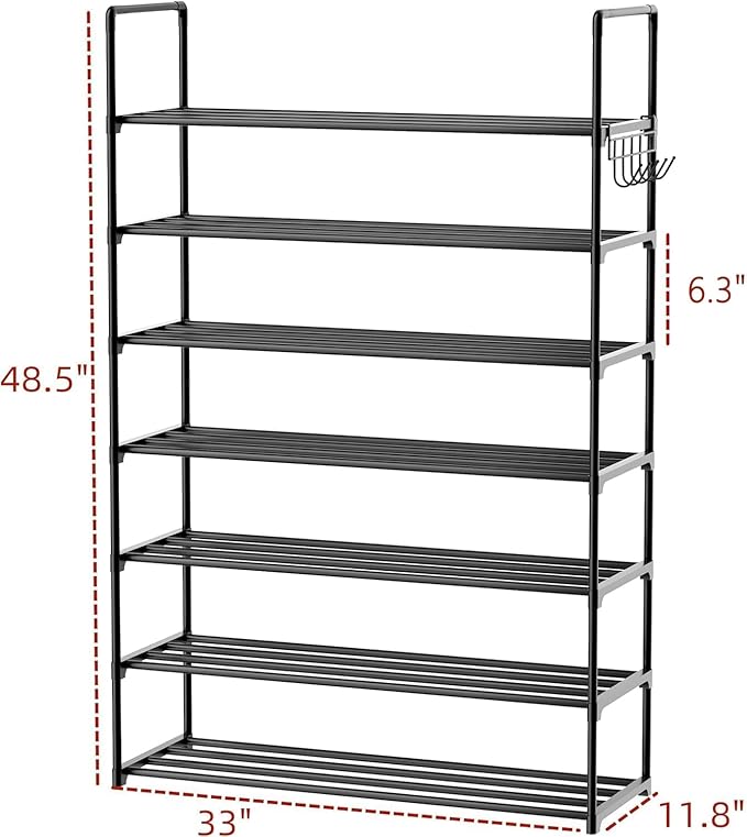 Metal Shoe Organizer,7 Tiers Shoe Storage Shoe Rack with Hooks,Fit 24-30 Pairs,Adjustable Shoe Shelf for Entryway,Hallway,Bedroom,Metal Bottom Support