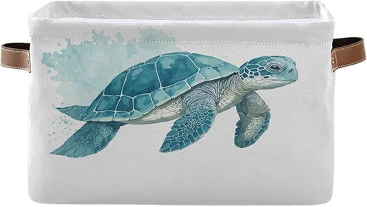 Large Storage Basket Sea Turtle Watercolor Cube Storage Bin Canvas Fabric Organizer Handles Collapsible for Clothes Toys Bedroom Decorative