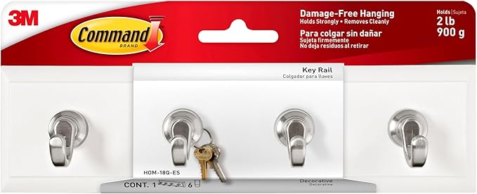 Command Key Rail, Holds up to 2 lb, 8-inch Rail with 4 Key Hooks and 6 Strips, Quartz, Removable Key Hooks for Entryway or Hallway, Hang Keys, Hats, Dog Leashes, and Accessories (Pack of 8)