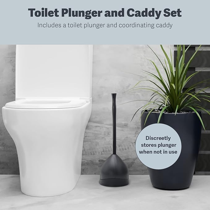 Casabella Toilet Plunger and Hideaway Caddy Combo for Bathrooms, 2-Piece Heavy-Duty Toilet Plunger and Holder Set, Black