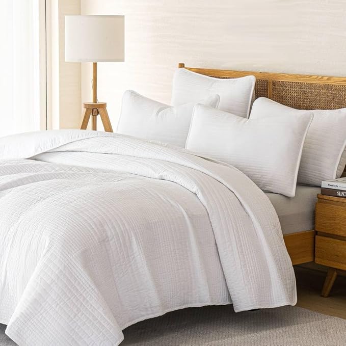 100% Cotton Queen Quilt Set 3-Piece,Lightweight and Textured Bedspread Coverlet & 2 Pillow Shams,All-Season Lightweight Queen Comforter Bedding Set（White）