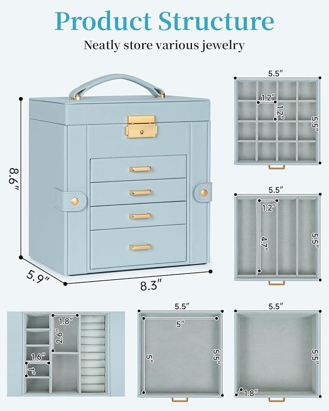 TORIBIO Jewelry Box for Women, Leather Jewelry Organizer with Mirror & Lock, 5-Tier Jewelry Storage Organizer with 4 Drawers for Girls/Women/Mothers, Necklace Earring Bracelets Holder Organizer