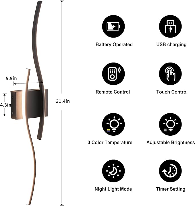 Battery Operated Wall Sconces Set of Two with Remote Control, Dimmable/3 Color/Night-Light/Timer/Memory, Black Modern Wireless LED Sconce for Living Room, Hallway, Bedroom, 31.4 Inch (2 Pack)