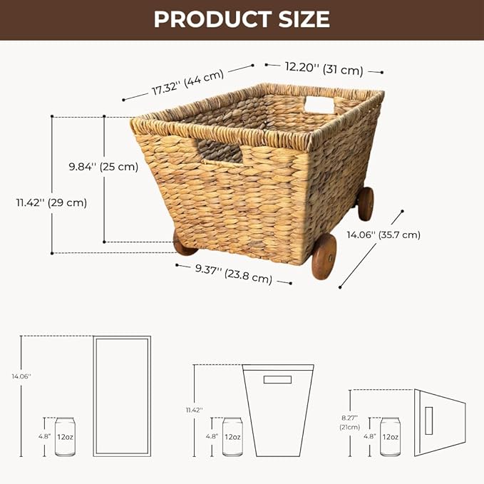 Wicker Toys Storage with Removable Wheels, Set of 2, Heavy Duty Hyacinth Storage Baskets for Organizing, Storage Woven Basket, Rattan Basket, Toys Storage (Water Hyacinth)