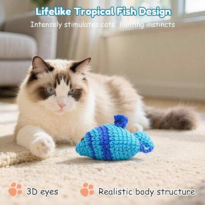 Cat Toys with Catnip & Bell Soft Natural Cat Nip Toys for Indoor Cats Hand Crocheted Interactive Kitten Fish Toys