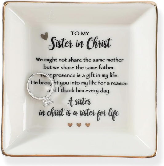 Sister in Christ for Women Christmas Birthday Ring jewelry Dish-Christian Religious Faith Gifts for Friends Bestie Friendship-A Sister in Christ is Sister in life