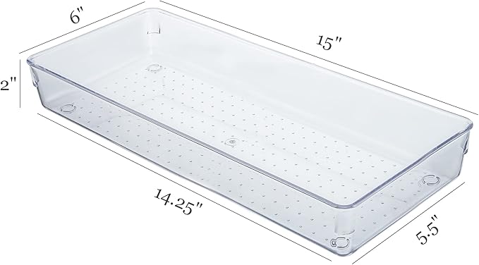Kingrol 4 Pack Clear Drawer Organizer Trays, 15 x 6 x 2 Inch Desk Drawer Divider Storage Bins, Storage Box Set for Utensils Junks Vanities Makeups Jewelry Office Craft Supplies