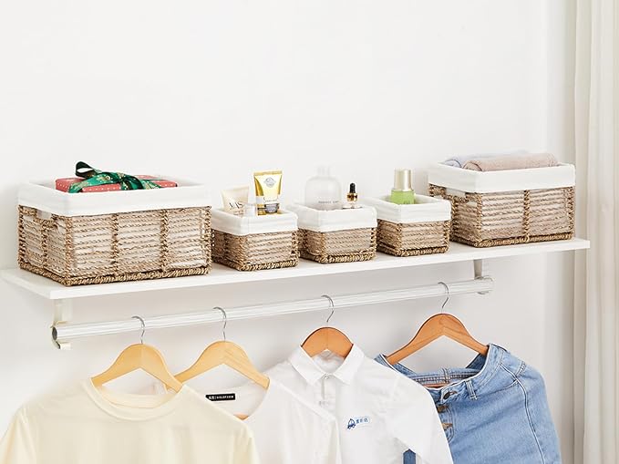 Vagusicc Wicker Storage Basket, 5 Pack Baskets for Organizing, Seagrass Storage Baskets, Rectangular Wicker Baskets for Storage Shelves, Cube Storage Bins For Closet/Clothes/Dresser