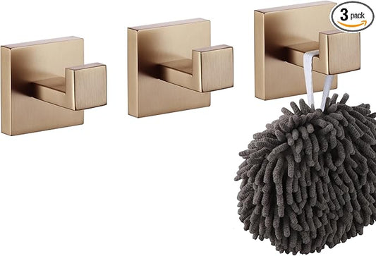 KOKOSIRI Robe Hooks for Wall Bathroom Towel Hooks Coat Hook Kitchen Garage Heavy Duty Wall Mounted Champagne Bronze Stainless Steel, 3 Pack B1010CPG-P3