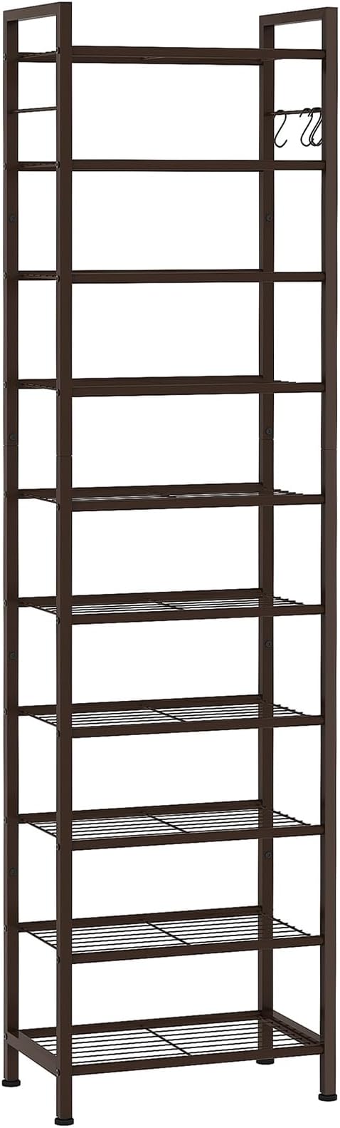 usikey 10 Tiers Narrow Shoe Rack 20-30 Pairs, Sturdy Metal Tall Shoe Rack Shelf with 4 Hooks, Slim Shoe Storage with Metal Shelf, Space Saving Vertical Shoe Organizer for Entryway, Closets,Bronze