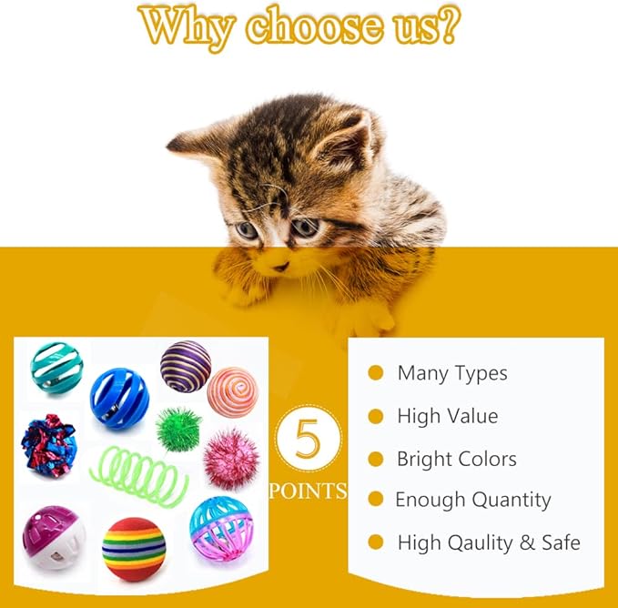 LASOCUHOO Cat Toys Kitten Assortment - Rainbow, Crinkle, Sparkle, Bell & Sisal Balls for All Cats - 30 Packs