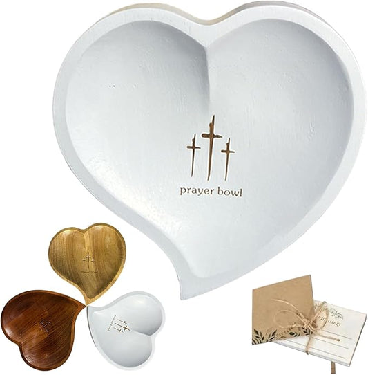 Heart Prayer Bowl Wooden with 24 Prayer Cards, Christian Congregation Religious Prayer Gifts (White-2)
