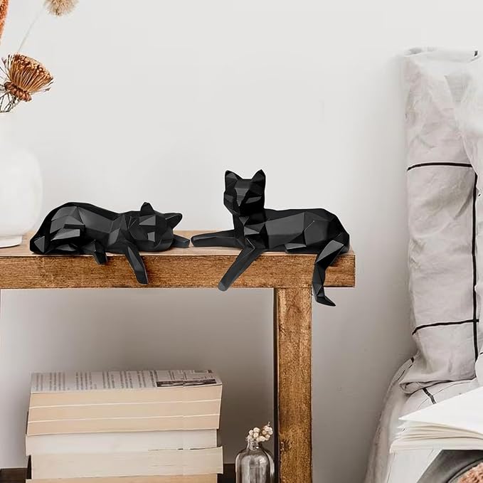 Bookshelf Decor Cat Statue, Modern Geometric Cat Figurines for Living Room Office Shelves Coffee Table Desk Decor – Set of 2 Minimalist Animal Statues (Black)