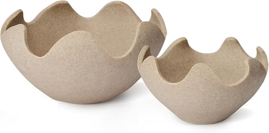 Wavy Decorative Bowl Home Decor- Set of 2 Resin Modern Handmade Decorative Fruit Bowl for Kitchen Counter, Creative Centerpiece Decor for Entryway Table Coffee Table, Artificial Stone Beige