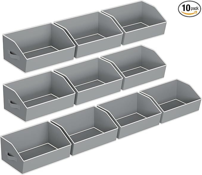 Closet Baskets for Shelves Trapezoid - Decorative Storage Baskets with Handle, Closet Bins for Organization, Shelf Storage Bins for Clothes, Books, Home, Office, 10 Pack, Grey