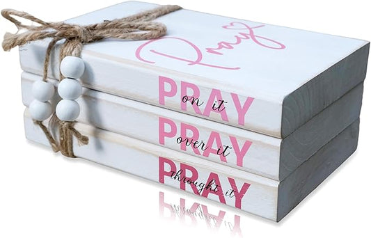 LIVDUCOT Pink Wood Book Stack Pray Christian Home Decor for Women - Wooden Block Sign Table Decoration - Inspiration Prayer Office Decor Religious Gift