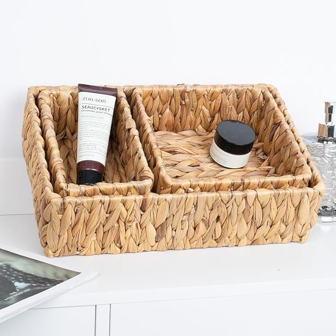 3 Pack Wicker Storage Basket, Natural Woven Water Hyacinth Storage Basket for Shelf Organizing