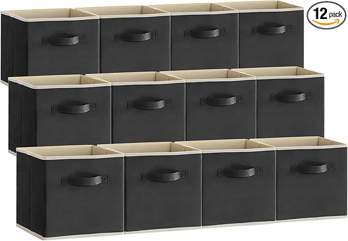 Lifewit 12 Packs Storage Cubes, 11 Inch Cube Storage Bins, Foldable Decorative Fabric Storage Baskets for Organizing Home Organizers with Handles for Shelves, Closet, Black