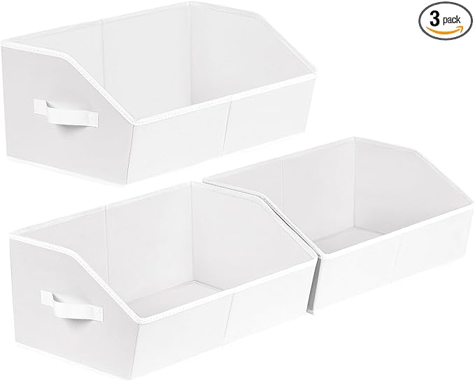 Closet Baskets for Shelves Trapezoid - Decorative Storage Baskets with Handle, Closet Bins for Organization, Shelf Storage Bins for Clothes, Books, Home, Office, 3 pack, White