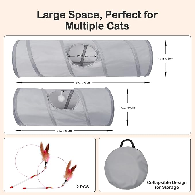 Cat Tunnel 3 Straight Shaped Pet Tunnels, Tube Cat Toys 6 DIY Shapes with Wand Toys, Scratch Resistant Collapsible Cats Tubes for Indoor Puppy, Kitten, Rabbit Silver 82in