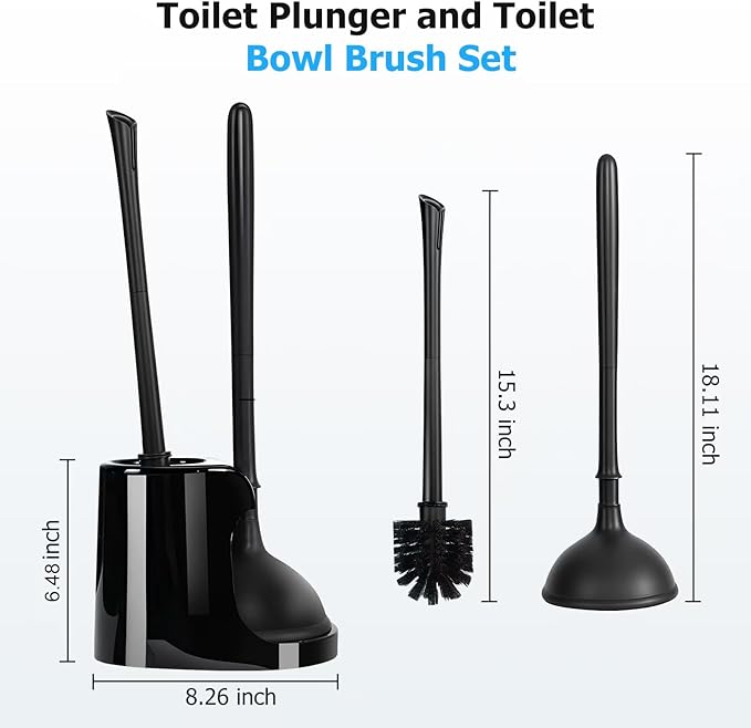2Pack 2 in 1 Toilet Brush and Plunger Set, Extended Handle Plunger,Toilet Bowl Brush Plunger Set,Clean Gloves,Cleaning Tools,Cleaning Brush,Cleaning Supplies,Toilet Brush Plunger Combo (Black)