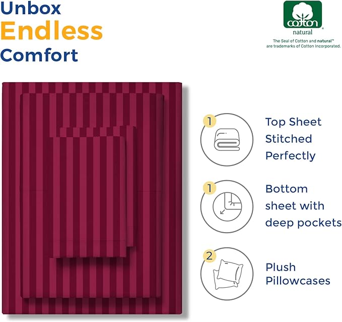 THREAD SPREAD Luxury Egyptian Cotton Twin Stripe Sheet Set - 600 Thread Count Extra Long Staple 3 PC Set, Twin Damask Sheets, Soft, Cooling Sateen Weave Striped Sheets Upto 18" Deep Pocket - Burgundy