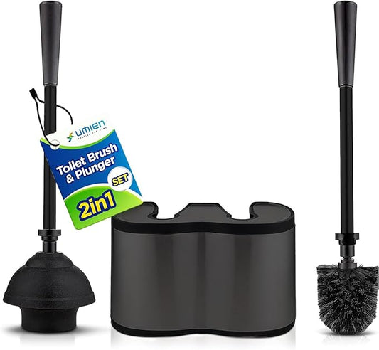 UMIEN Toilet Brush and Plunger Set 18-in - Updated 2025 No-Rust - Stainless Steel Design - Long Handles - with Freestanding Canister (Matte Black)