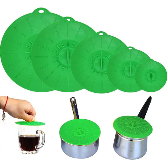 Set of 5 Silicone Lids,Heat Resistant, Microwave Splatter Covers, Reusable Food Suction Lids for Cups, Bowls, Plates, Pots, Pans, Skillets, Stovetops, Ovens, and Refrigerators, L, XL) BPA-Free -Green