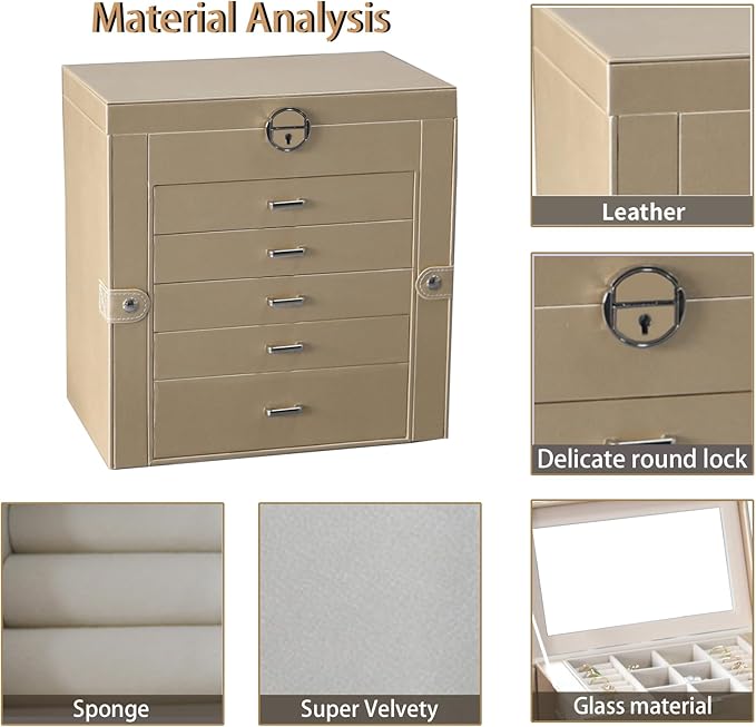 BOOVO Jewelry Box For women, 6 Layer Large Jewelry Organizer With Mirror, Multi-Function Storage Box With Lock, Accessory Holder With 5 Drawers, For Earrings Necklace Ring Bracelet (Pale gold)