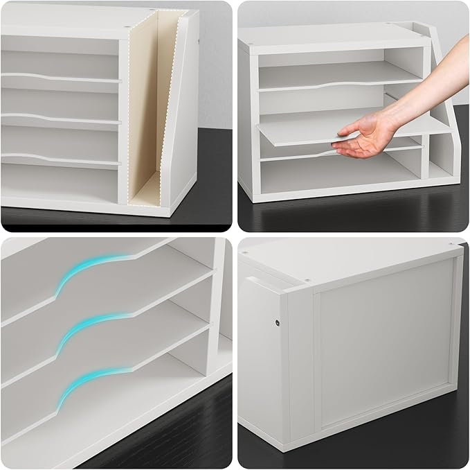 File Organizer Desktop, Wood Desk Organizer with 3 Adjustable Shelves, Mail Paper Sorter for Office, Home, File Holders for Envelopes, Mail Supplies or Magazines, White