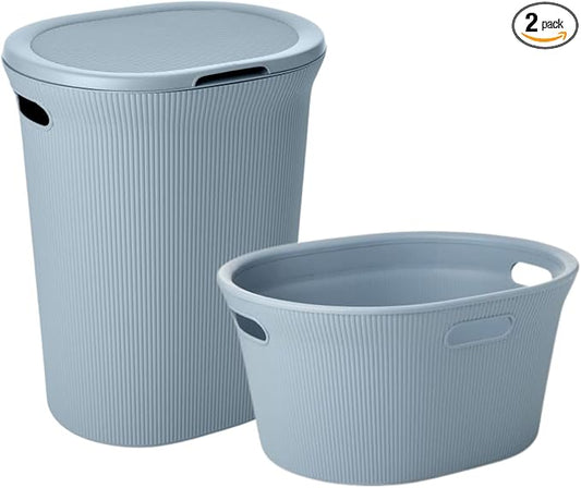 Superio Ribbed Collection - Decorative Plastic Laundry Basket & Laundry Hamper with Lid and Cut-Out Handles, Blue (Set of 2) Organzier for Bedroom Bathroom College Dorm Room