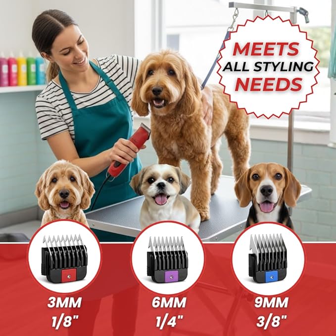 Professional Dog Clippers for Grooming | High-Performance 2-Speed Corded Shears for Thick, Curly Coats & Matted Hair | Low-Noise Pet Grooming Kit with Heavy Duty Hair Trimmer, Red