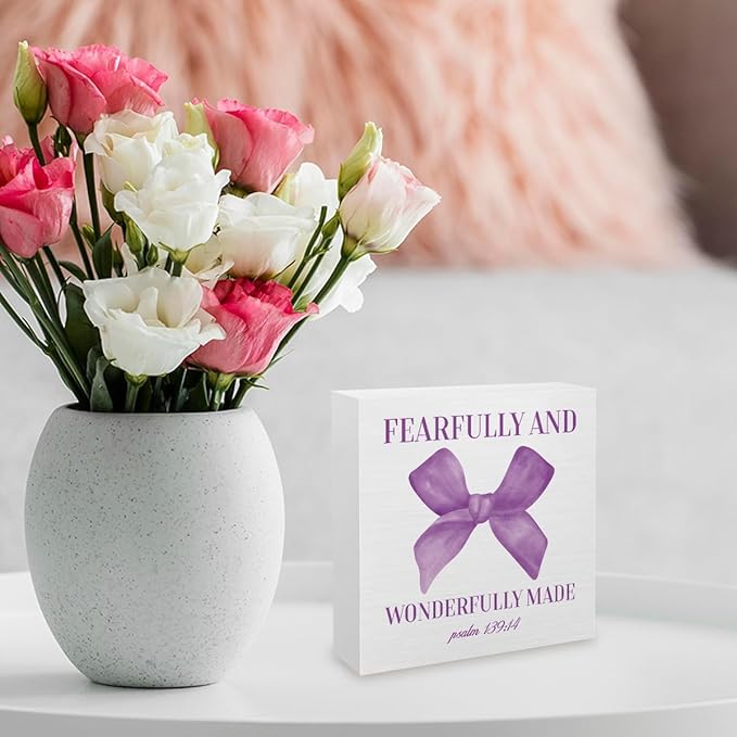 Purple Bible Bow Room Bedroom Bathroom,Purple Decor,Inspirational Bible Verses Decorations Butterfly Decorations for Teen Girls Gifts Wooden Box 5 x 5 Inch