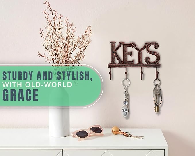 Comfify Key Holder for Wall - Decorative Farmhouse Rustic Wall Mount Key Organizer with 4 Hooks - Vintage Cast Iron Key Rack with Screws and Anchors – 6x8 - Copper with Black