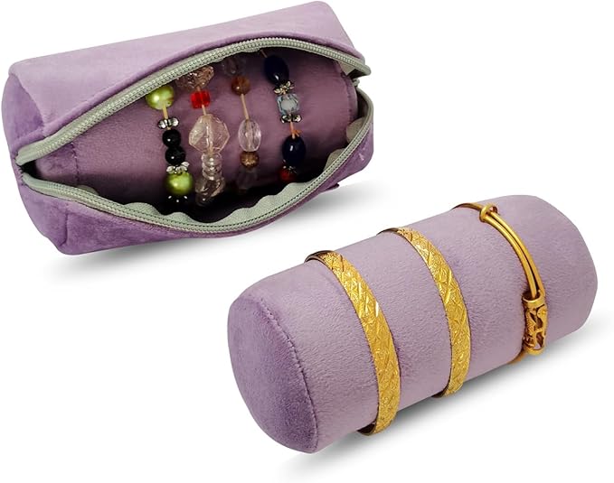 Velvet Bangle & Bracelet Organizers and Storage Small Jewelry Travel Organizer Roll, Compact Jewelry Case for Bangles, Bracelets, Watches(Light Purple)