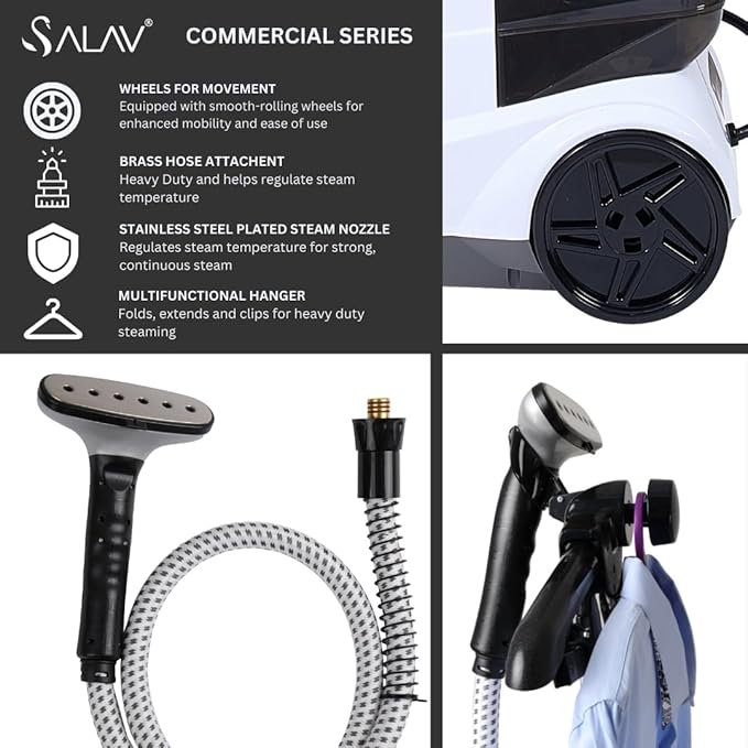 SALAV® Heavy Duty Smart Auto Shut-off Commercial Full-Size Garment Steamer, Beeping Alert when Water Runs out, Foot Pedal Control, XL 3L (101.5 oz) Tank, 1800 watts, 90+min of Continuous Steam, White