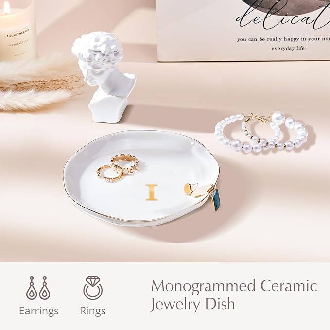 ProCase Ceramic Jewelry Tray, Initial Ring Dish Trinket Plate Engagement Gift, Small Personalized Monogram Ring Bowl for Wedding, White Decorative Jewelry Holder for Women Vanity -Letter I