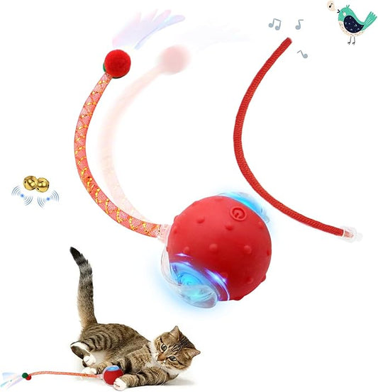 Interactive Cat Toys, Automatic Moving Cats Toy with Elastic Mesh Bell Tail, Rechargeable Cat Ball for Bored Indoor Adult Cats, Energetic-cat (Red)