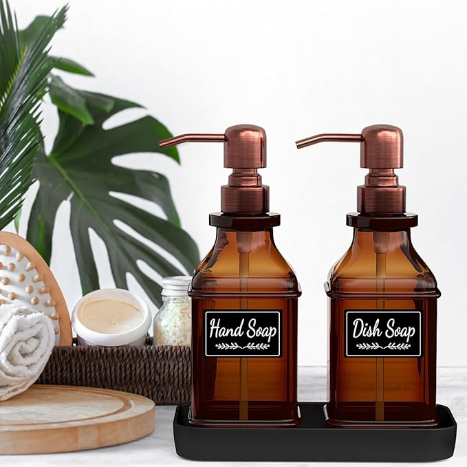 Soap Dispenser - 2 Pack, Antique Design Thick Amber Glass Hand Soap Dispensers with Sturdy Tray; 304 Rust Proof Stainless Steel Black Pump, 12Pcs Stickers, for Kitchen, Bathroom -Brushed Copper
