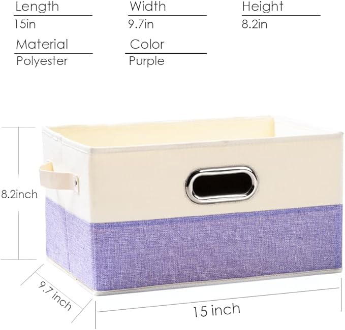 PRANDOM Large Fodable Storage Bins for Closet [3-pack] Decorative Fabric Storage Baskets Cubes with Leather/Metal Handles for Shelves Bedroom Living Room Purple&Cream (14.9x9.8x8.3 Inch)