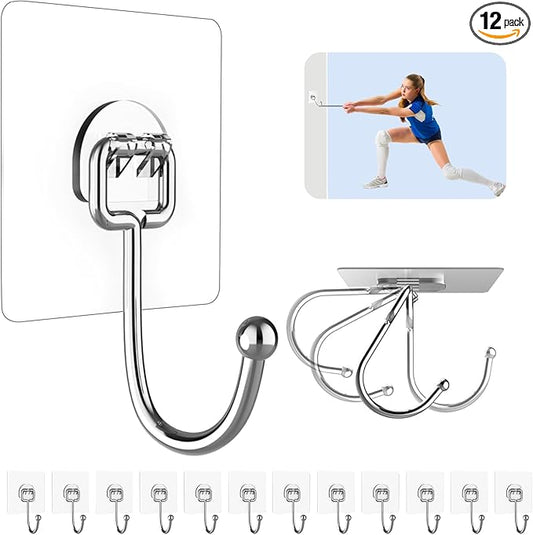 12 Pack Large Adhesive Hooks for 44 lb(Max) Hanging Heavy Duty, Self Adhesive Sticky Hooks Waterproof Stainless Steel Wall Hook for Home Bathroom Shower Kitchen Outdoor Utility Hooks