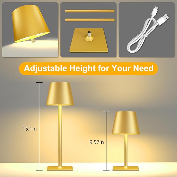 2 Pack Gold Rechargeable Table Lamps,Cordless Lamp with 6000mAh Battery Operated,Wireless Lamp for Restaurant Home Dinner Dining Kitchen Outdoor Patio,Waterproof & Portable