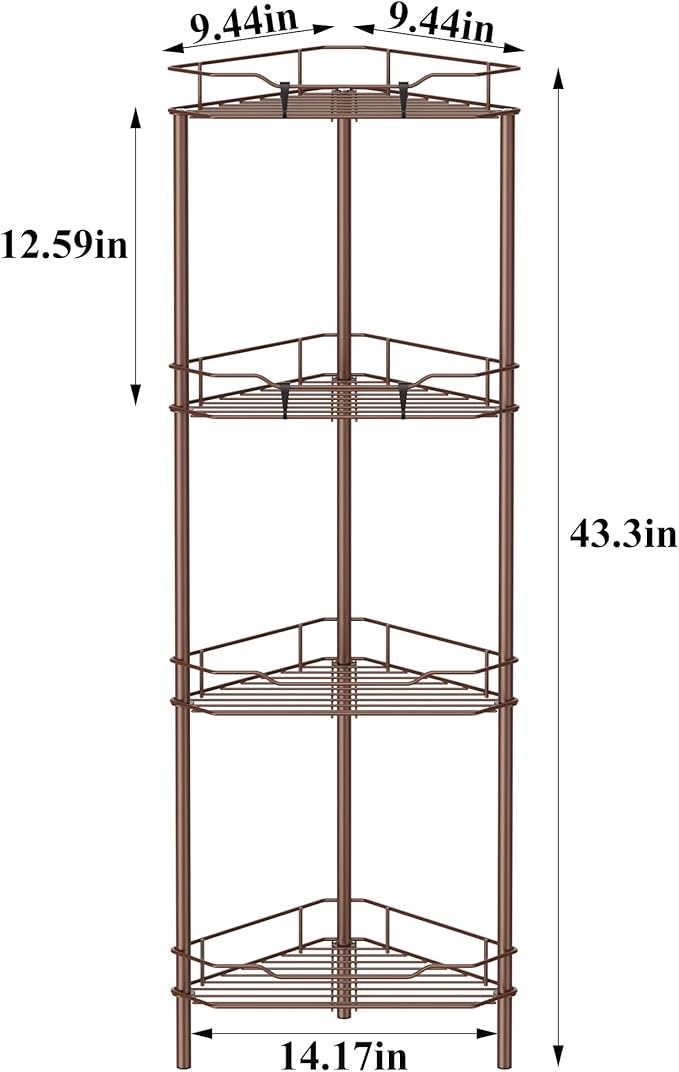 4 Tier Floor Standing Corner Shower Caddy Organizer Shelf with Hooks, Bathroom Shelves Stand Rack, Coffee