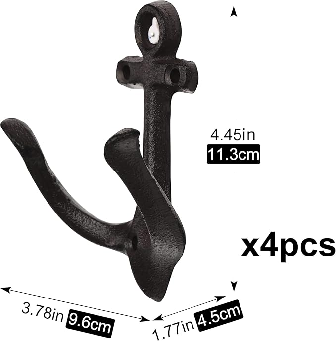 XINGYAN Vintage Rustic Cast Iron Nautical Sea Anchor Design Wall Hooks,Home Coat Rack,Decorative Wall Mounted Antique Shabby Chic Metal Bathroom Towel,Coat Hooks,Hanger,Screws Inside (Black[4pcs])
