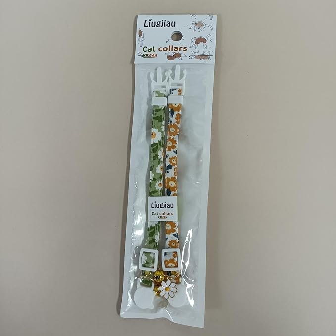 2 Pack Cotton Breakaway Cat Collar with Bell Green&Orange Daisy Pendant Cute Kitten Cat Collar Suitable for Girls and Boys