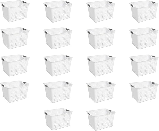 Sterilite Deep Ultra Basket, Closet Organizer Bin, Cabinets, Pantry, Shelving and Countertop Space Open Container, White, 18-Pack